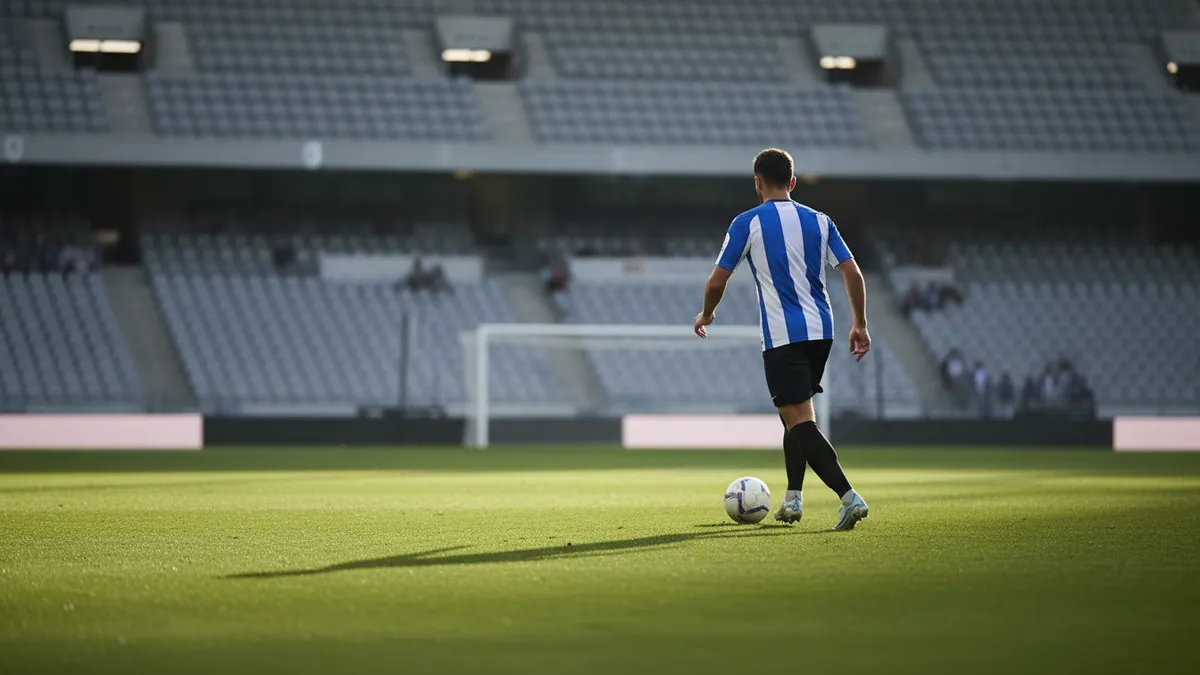 Un jugador con el balón en los pies, visto de espaldas en el campo de LaLiga EA Sports.