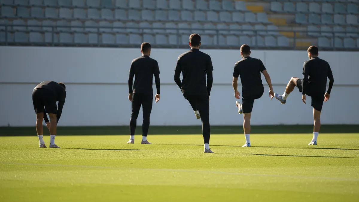 Suplentes de LaLiga EA Sports calientan al borde del campo, vistos de espaldas.