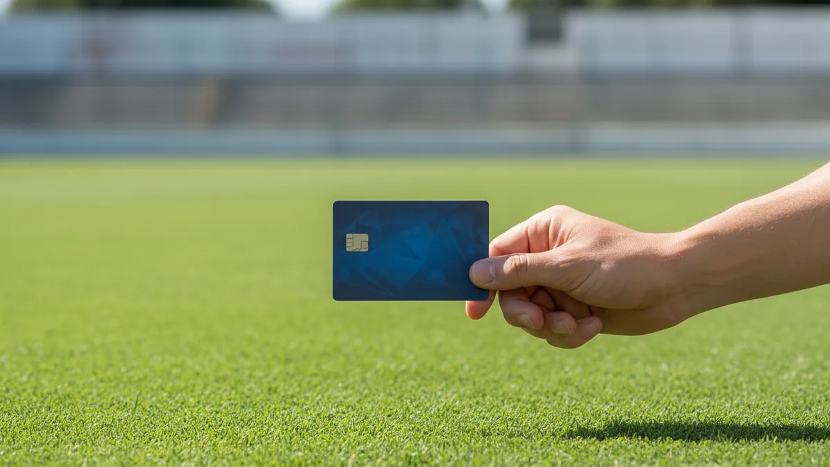 Una mano sosteniendo una tarjeta de crédito sobre un campo de fútbol.