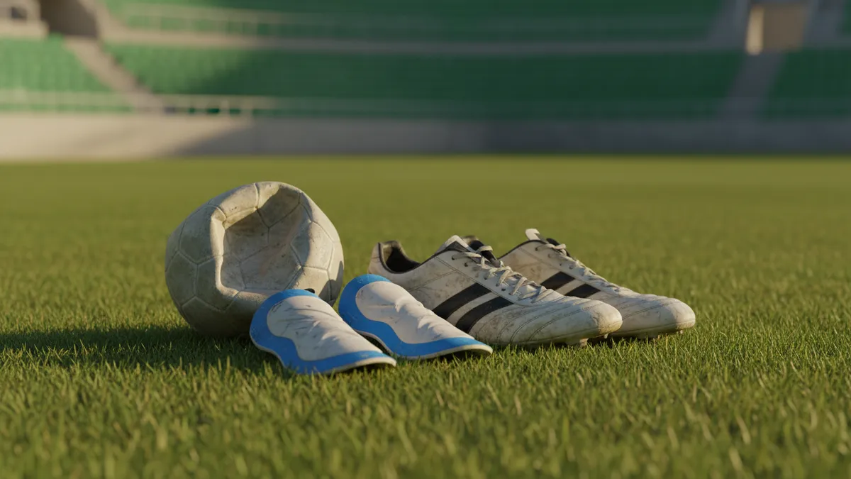 Un balón desinflado, espinilleras y botas de fútbol en el césped de LaLiga EA Sports.