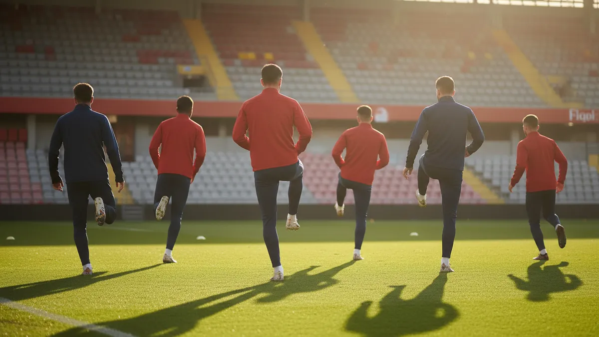 Suplentes de LaLiga EA Sports calentando en la banda del campo
