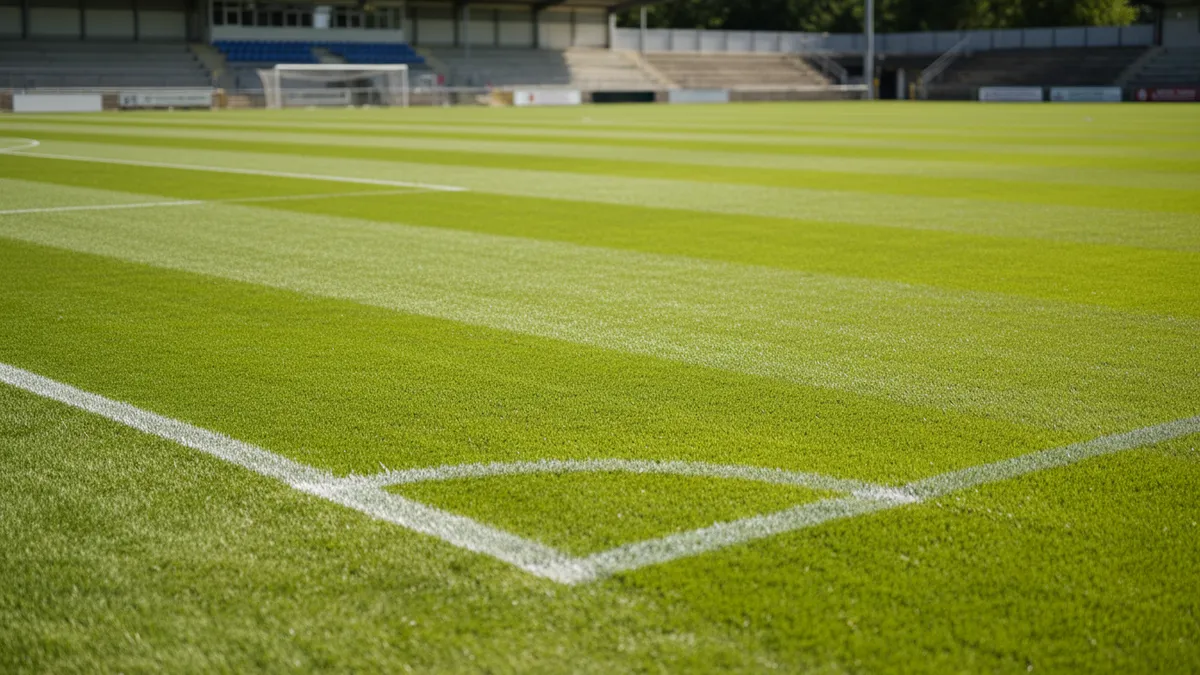 Un campo de fútbol de LaLiga EA Sports con césped impecable y líneas blancas.