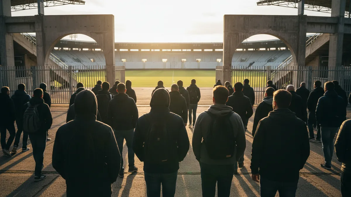 Aficionados de LaLiga EA Sports caminando hacia las puertas del estadio.