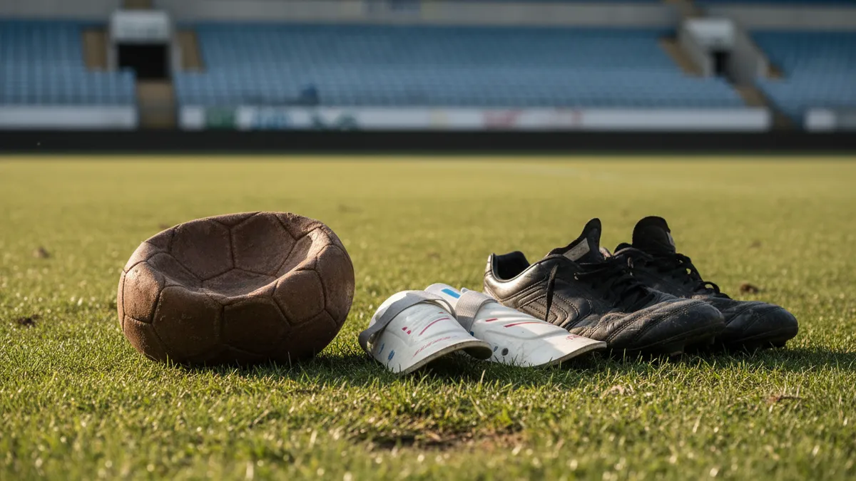 Balón, espinilleras y botas de fútbol gastadas sobre la hierba de LaLiga EA Sports.