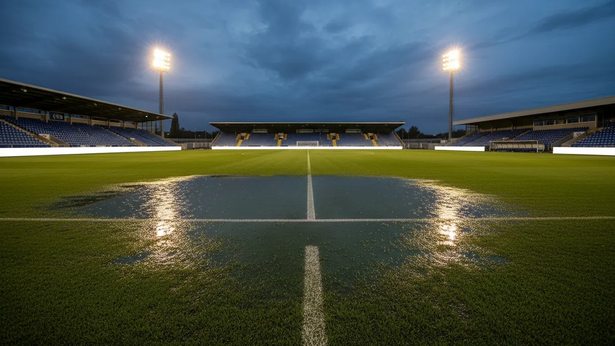 El campo de LaLiga EA Sports mojado por la lluvia, con los focos reflejados.