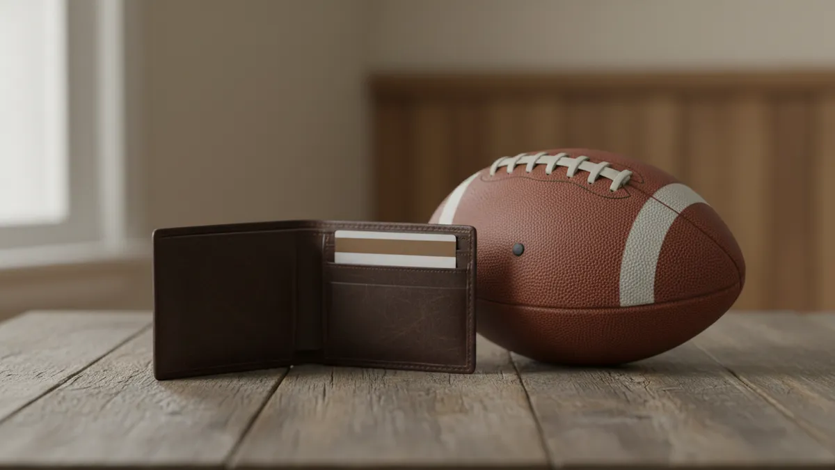 Billetera con tarjeta bancaria junto a un balón de fútbol, en una mesa.