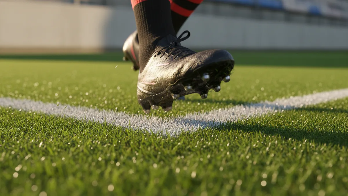Botas de fútbol de un jugador sobre la línea blanca del campo, en LaLiga EA Sports.