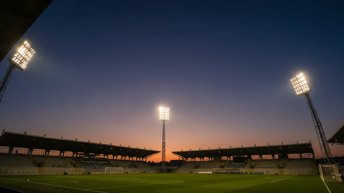 Las luces de un estadio de fútbol de LaLiga EA Sports al atardecer.