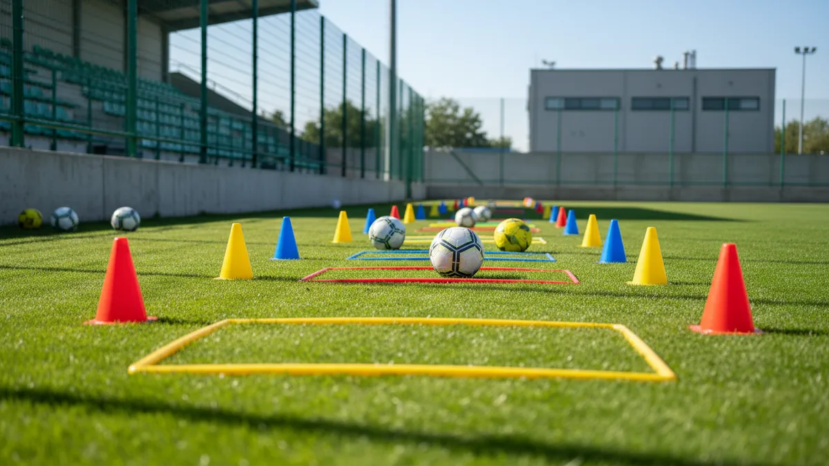 Conos y balones de entrenamiento en un campo, listos para la práctica.