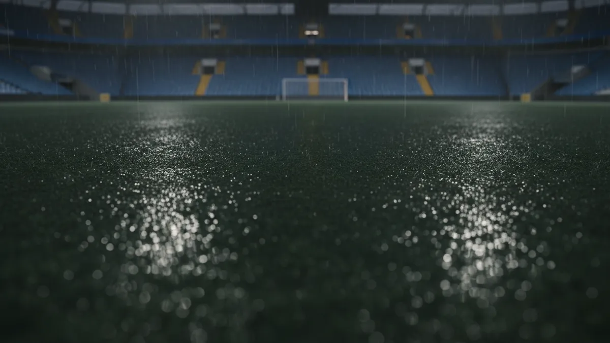 Un campo de fútbol mojado bajo los focos de LaLiga EA Sports.