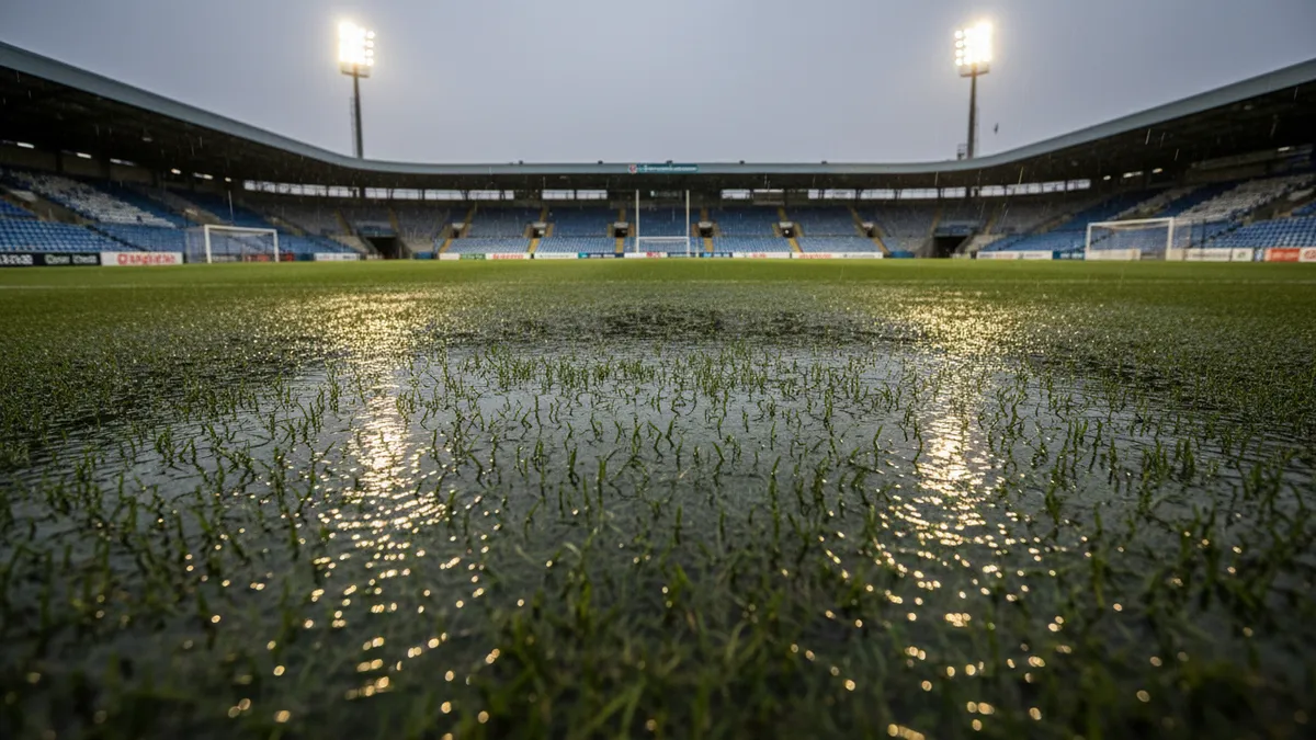 Césped de LaLiga EA Sports mojado por la lluvia; focos se reflejan.