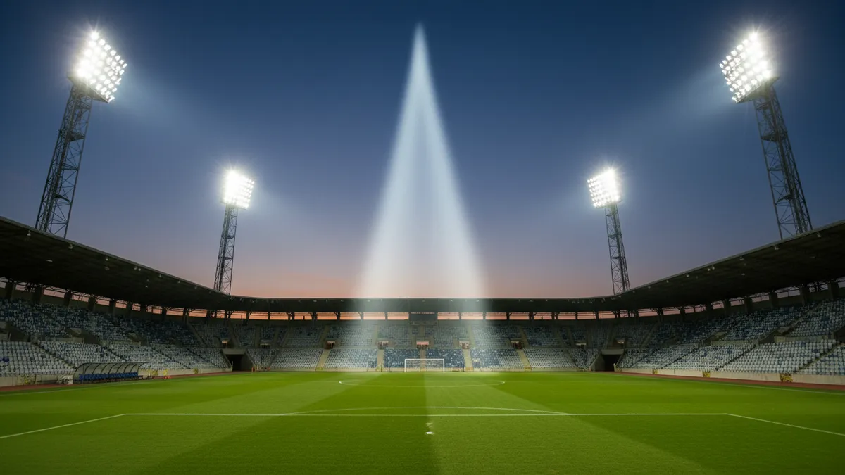Los focos de un estadio de LaLiga EA Sports contra el cielo nocturno.