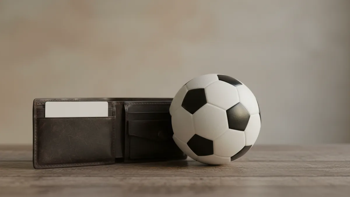 Billetera con tarjeta bancaria y un balón de fútbol sobre una mesa de madera.