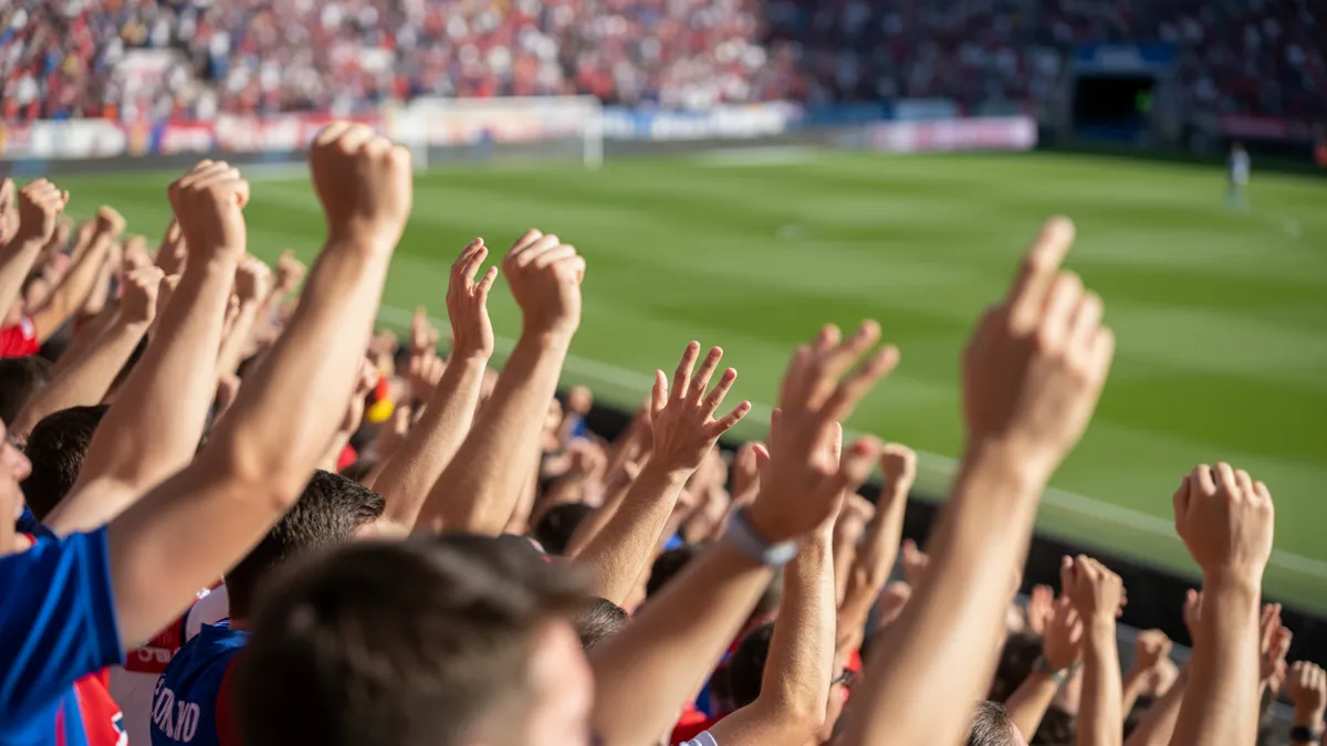 Manos de aficionados levantadas en el estadio de LaLiga EA Sports celebrando un gol.
