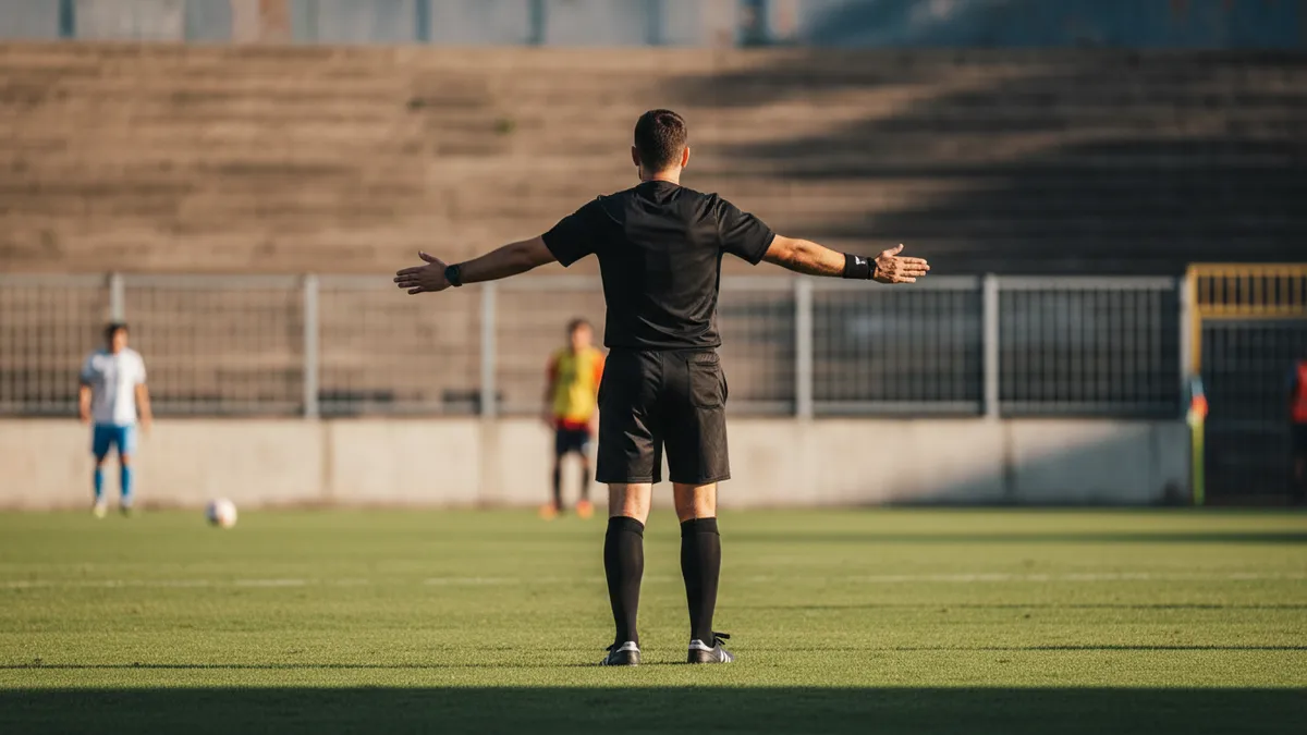 El árbitro trabaja en el campo, visto de espaldas, durante un partido de LaLiga EA Sports.