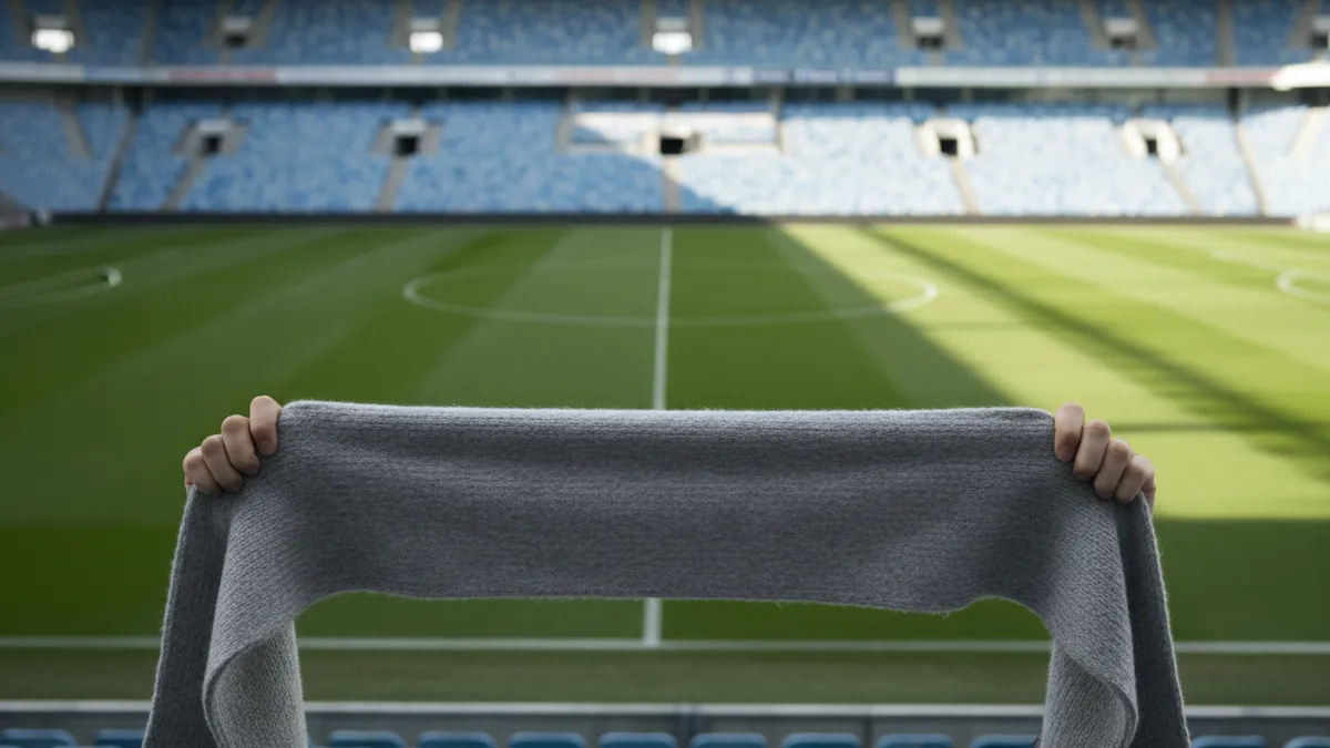 Aficionado sostiene bufanda de punto en partido de LaLiga EA Sports.