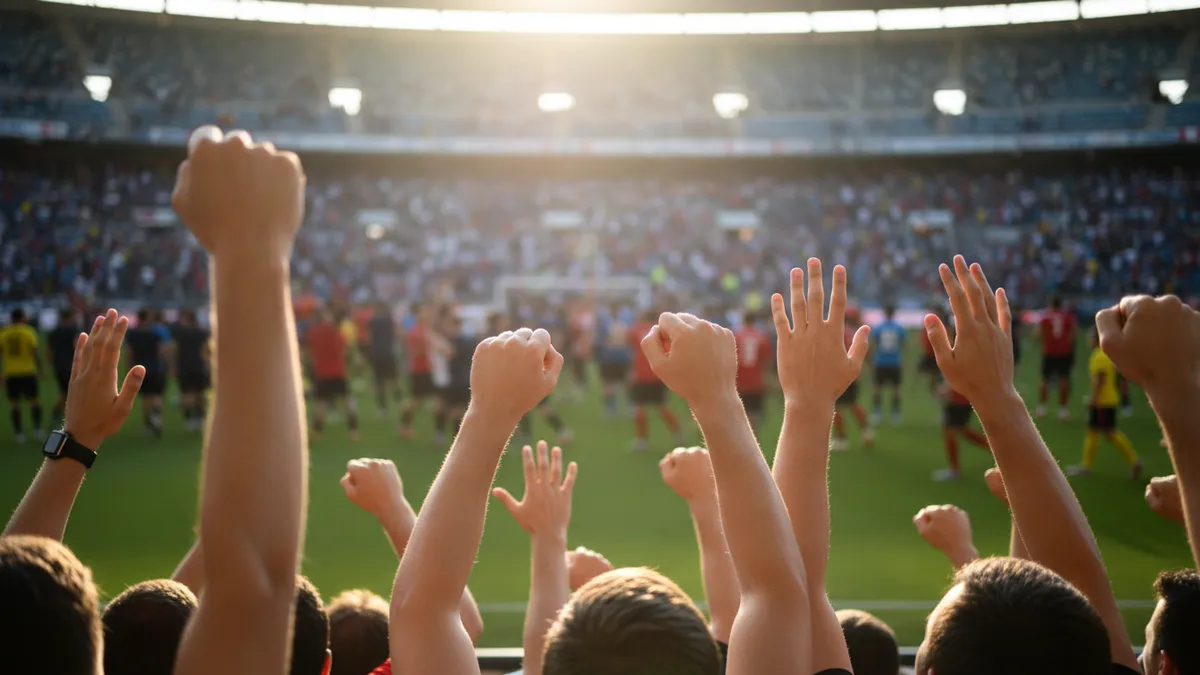 Manos de aficionados levantadas en las gradas de LaLiga EA Sports celebrando un gol