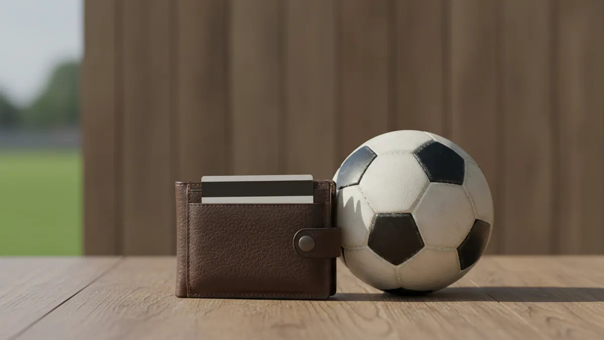 Billetera con tarjeta bancaria y un balón de fútbol sobre una mesa.