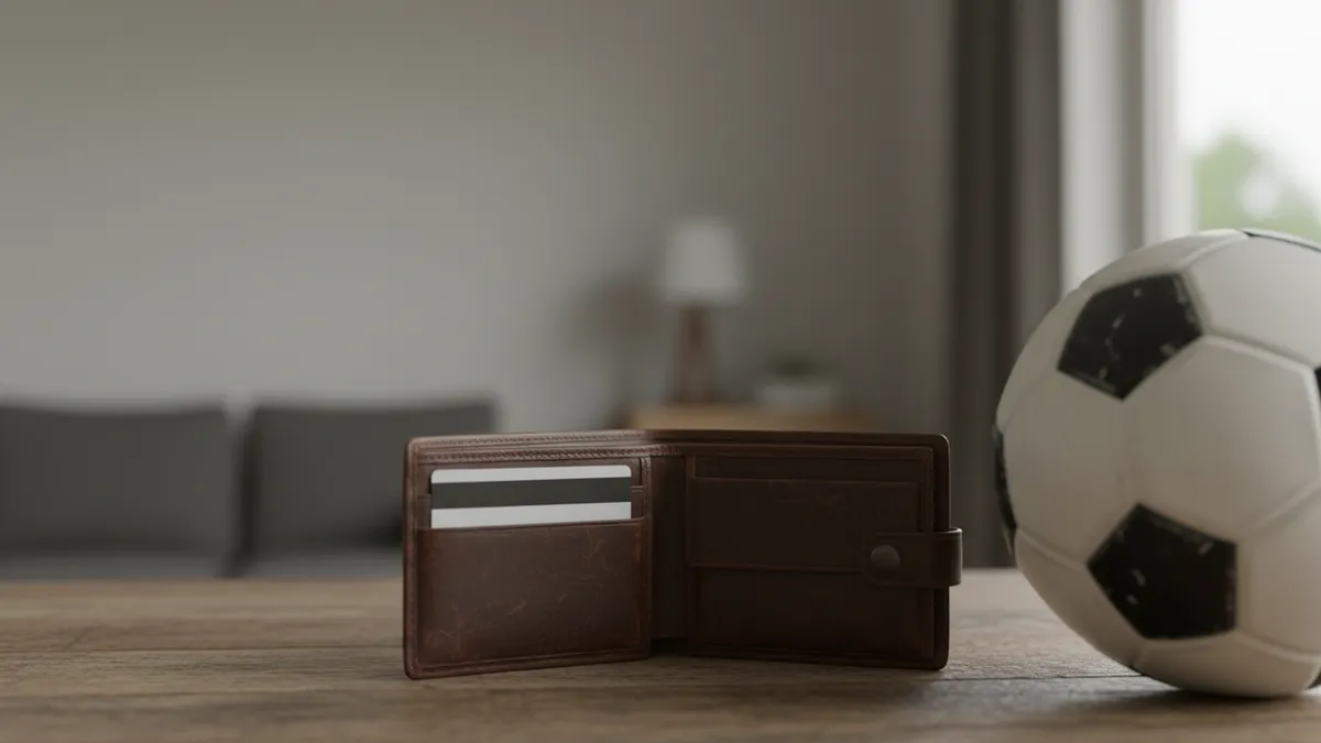 Billetera con tarjeta bancaria junto a balón de fútbol en mesa de madera.