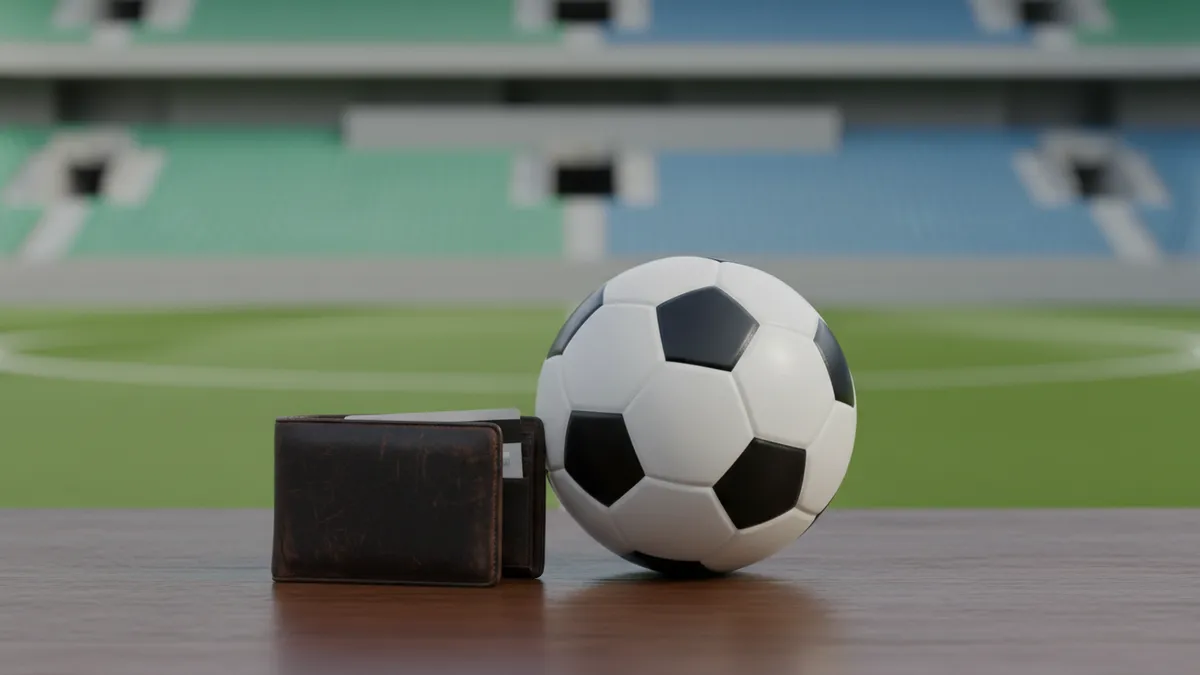 Una cartera de cuero con una tarjeta bancaria y un balón de LaLiga EA Sports.