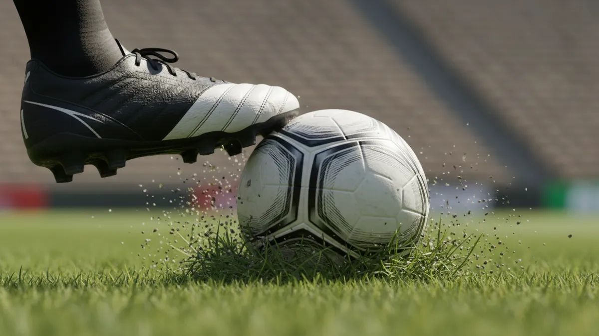 Bota de fútbol golpeando el balón, congelado en el impacto.