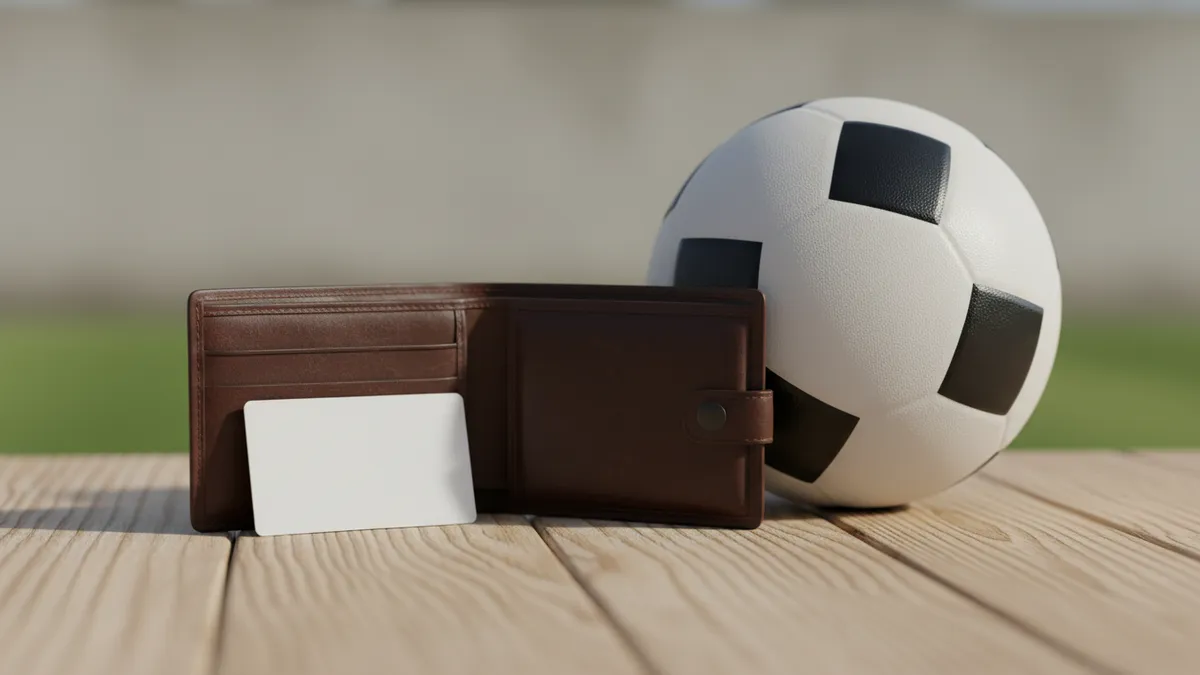 Billetera abierta con tarjeta bancaria junto a un balón de fútbol en una mesa.