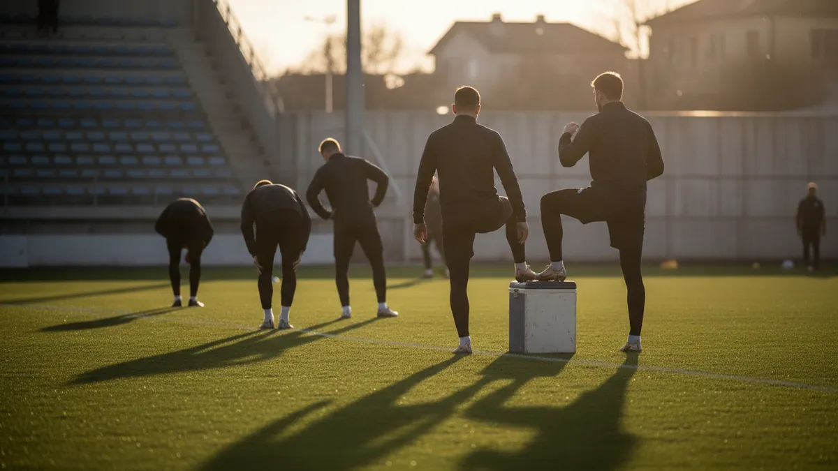 Suplentes de LaLiga EA Sports calentando en la banda, vistos de espaldas.