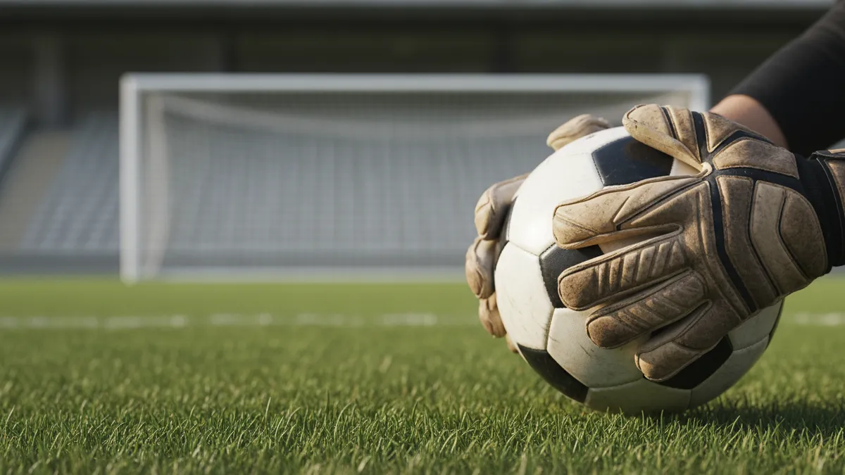 Manos enguantadas de portero sujetando un balón de fútbol, LaLiga EA Sports.