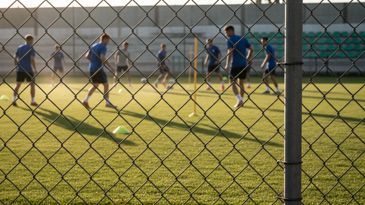 Entrenamiento de LaLiga EA Sports en un campo secundario, visto a través de una valla.