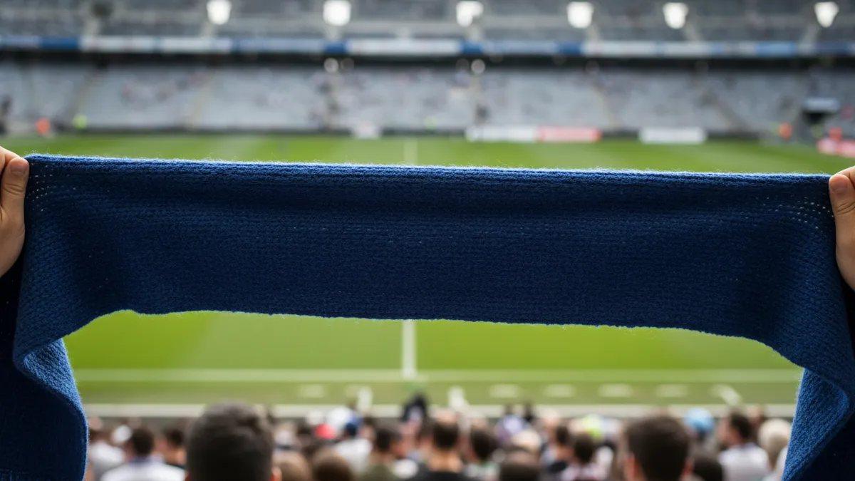 Una bufanda lisa sostenida en alto en las gradas de un estadio de LaLiga EA Sports.