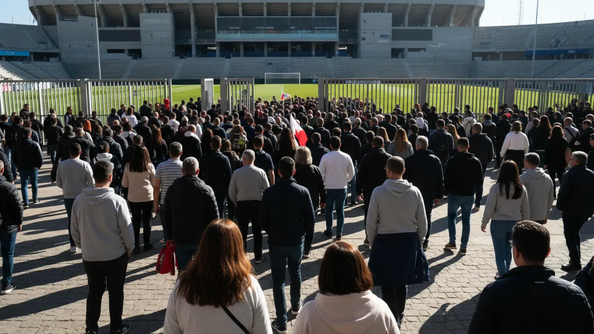 Aficionados de LaLiga EA Sports caminan hacia las puertas del estadio.